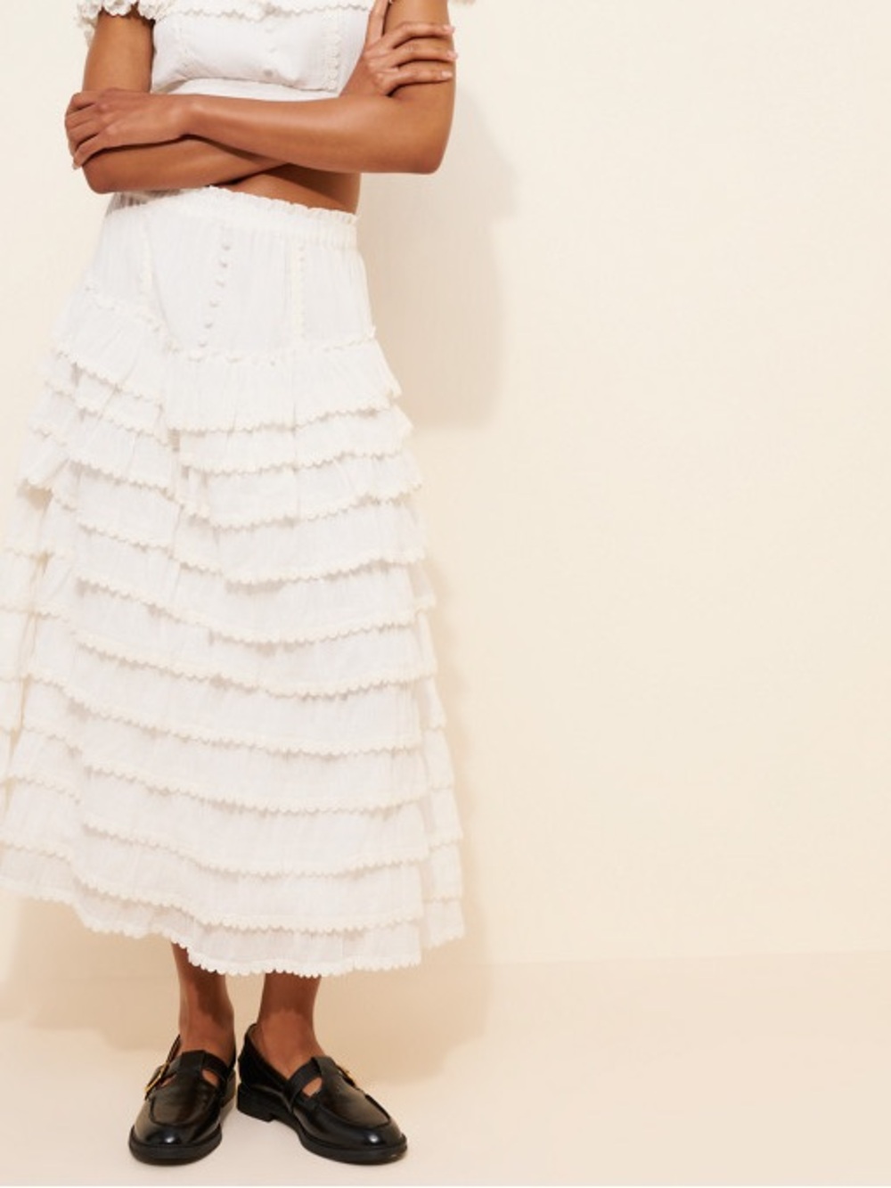 Amy Jane London Anastasia White Tiered Eyelet Ruffle Midi Skirt S Cottagecore - Picture 5 of 13